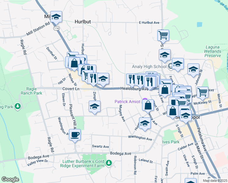 map of restaurants, bars, coffee shops, grocery stores, and more near 440 Murphy Avenue in Sebastopol