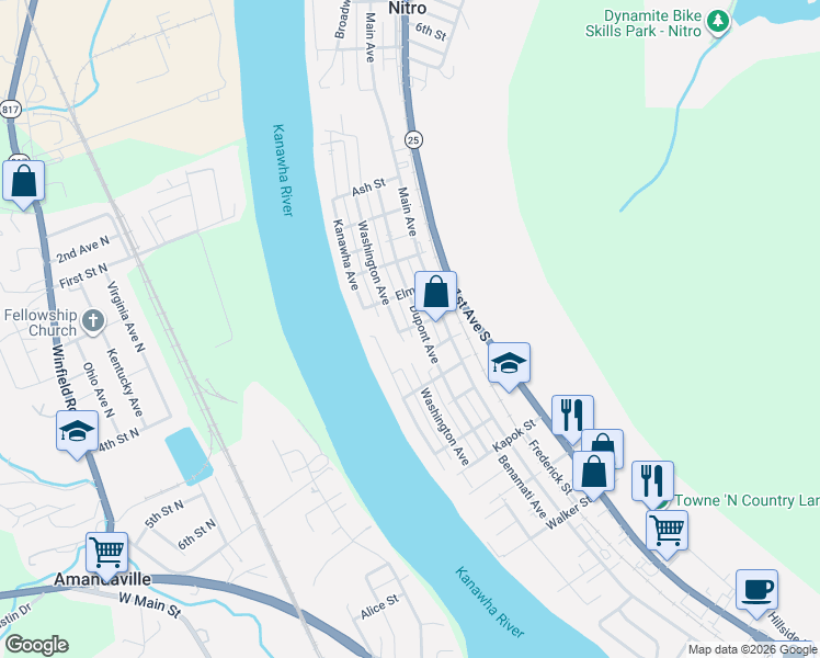map of restaurants, bars, coffee shops, grocery stores, and more near Fir St in Nitro