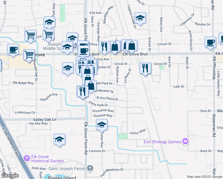 map of restaurants, bars, coffee shops, grocery stores, and more near 8968 El Mirador Drive in Elk Grove