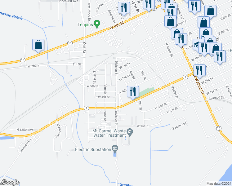 map of restaurants, bars, coffee shops, grocery stores, and more near 1007 West 4th Street in Mount Carmel