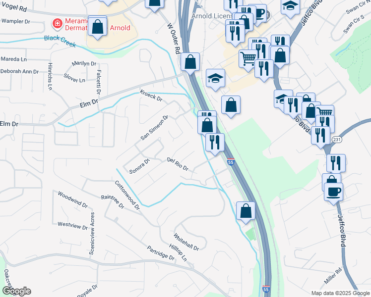 map of restaurants, bars, coffee shops, grocery stores, and more near 2028 San Angelo Drive in Arnold
