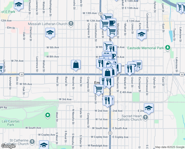 map of restaurants, bars, coffee shops, grocery stores, and more near 214 W 6th Ave in Emporia