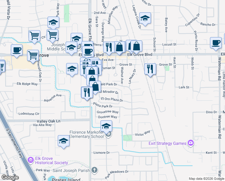 map of restaurants, bars, coffee shops, grocery stores, and more near 8968 El Mirador Drive in Elk Grove