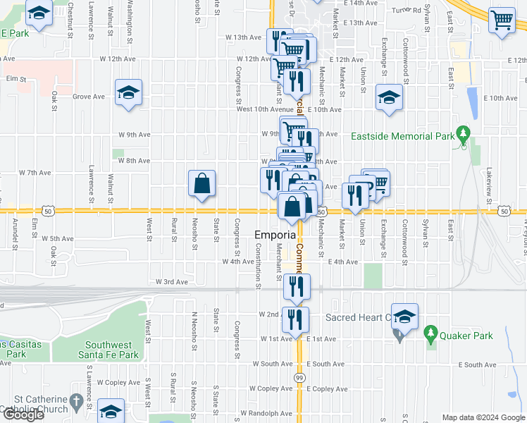 map of restaurants, bars, coffee shops, grocery stores, and more near 198 West 6th Avenue in Emporia