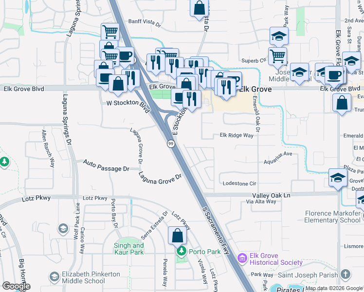 map of restaurants, bars, coffee shops, grocery stores, and more near 9772 West Stockton Boulevard in Elk Grove
