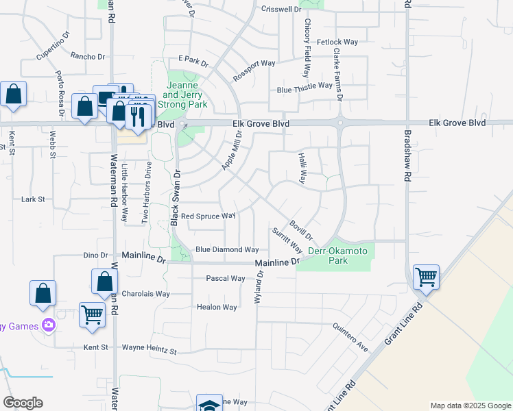 map of restaurants, bars, coffee shops, grocery stores, and more near 9494 Red Spruce Way in Elk Grove