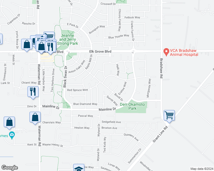 map of restaurants, bars, coffee shops, grocery stores, and more near 9720 Palazzo Court in Elk Grove
