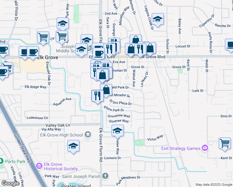 map of restaurants, bars, coffee shops, grocery stores, and more near 8943 El Mirador Drive in Elk Grove