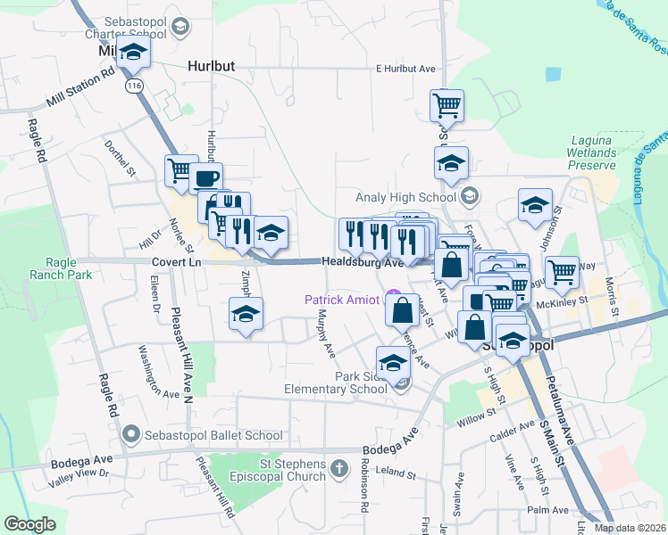 map of restaurants, bars, coffee shops, grocery stores, and more near 7600 Bately Court in Sebastopol