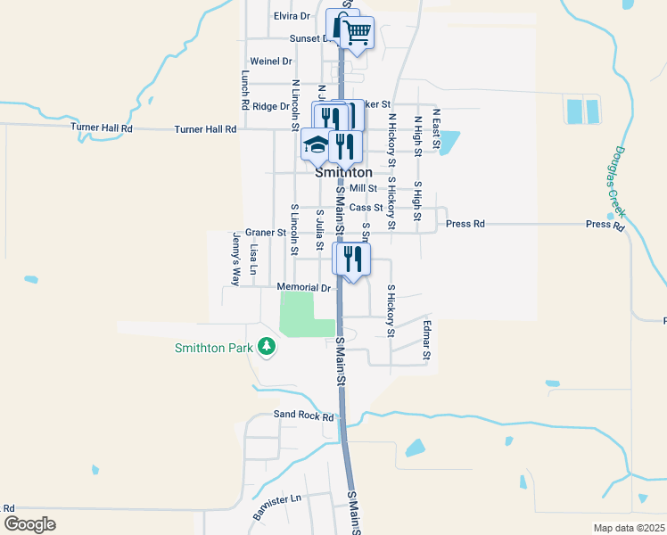map of restaurants, bars, coffee shops, grocery stores, and more near 425 South Main Street in Smithton
