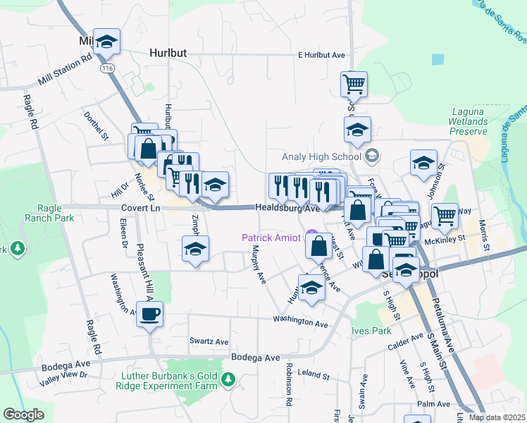 map of restaurants, bars, coffee shops, grocery stores, and more near 440 Murphy Avenue in Sebastopol