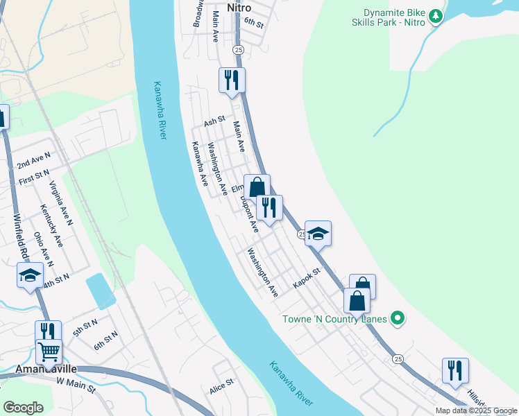 map of restaurants, bars, coffee shops, grocery stores, and more near 609 Gum Street in Nitro