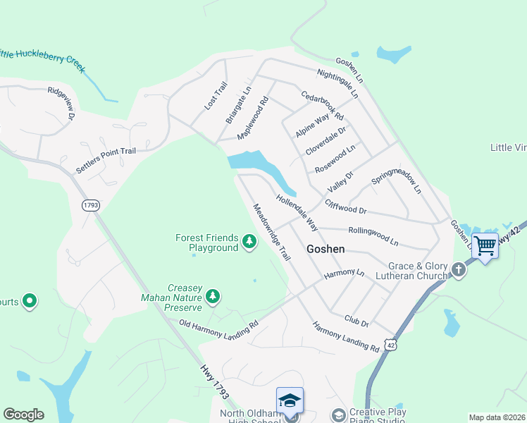 map of restaurants, bars, coffee shops, grocery stores, and more near 1204 Meadowridge Trail in Goshen