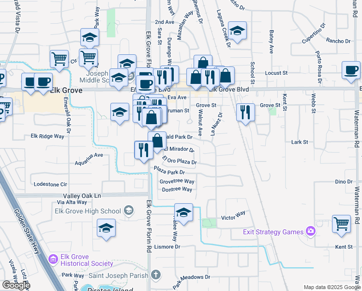 map of restaurants, bars, coffee shops, grocery stores, and more near 8968 El Mirador Drive in Elk Grove