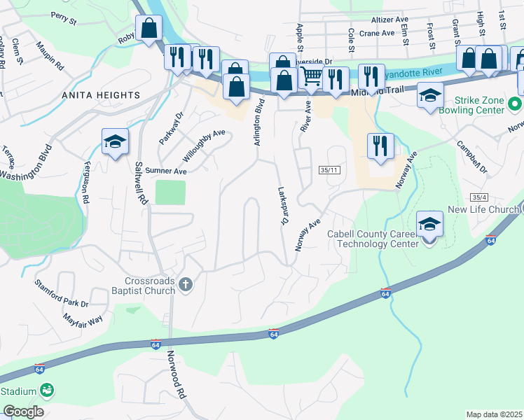 map of restaurants, bars, coffee shops, grocery stores, and more near 1761 Woodward Terrace in Huntington