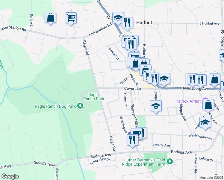 map of restaurants, bars, coffee shops, grocery stores, and more near 8017 Hansen Court in Sebastopol
