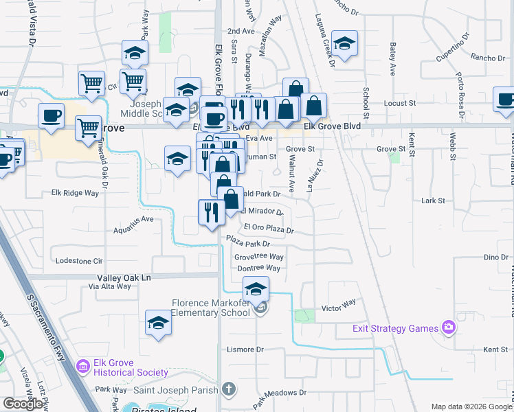 map of restaurants, bars, coffee shops, grocery stores, and more near in Elk Grove