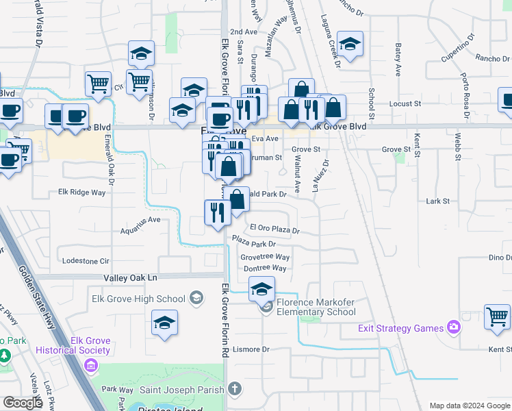 map of restaurants, bars, coffee shops, grocery stores, and more near 8939 El Mirador Drive in Elk Grove