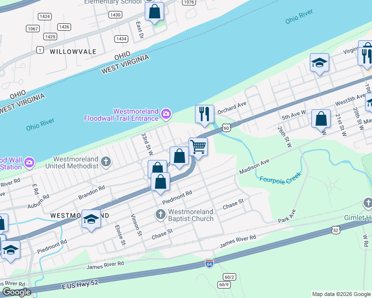 map of restaurants, bars, coffee shops, grocery stores, and more near 3042 Waverly Rd in Huntington