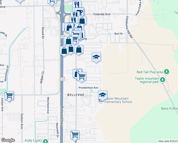 map of restaurants, bars, coffee shops, grocery stores, and more near 639 Elsa Drive in Santa Rosa