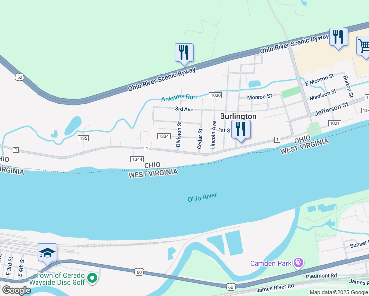 map of restaurants, bars, coffee shops, grocery stores, and more near 6725 County Road 1 in South Point