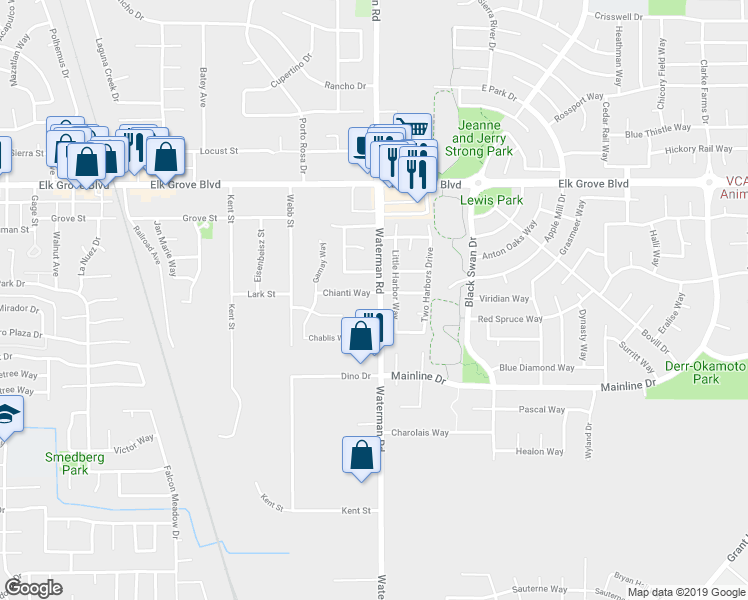 map of restaurants, bars, coffee shops, grocery stores, and more near 9244 Chianti Way in Elk Grove
