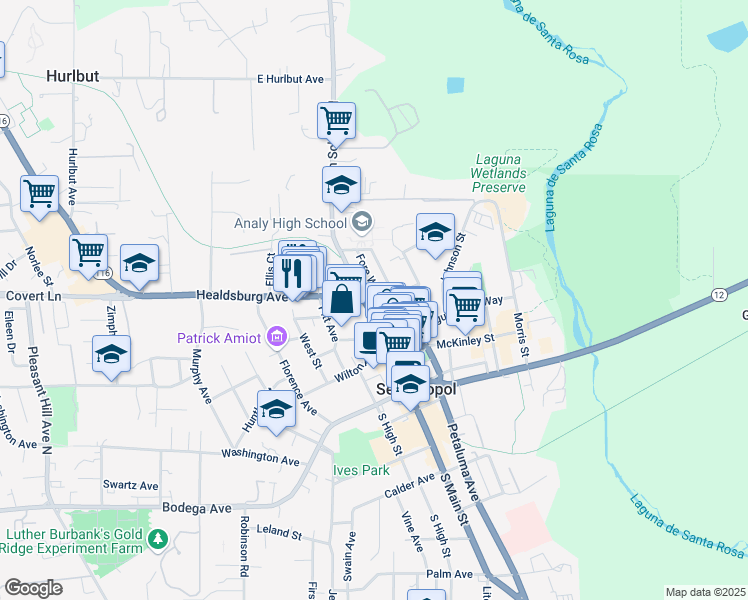 map of restaurants, bars, coffee shops, grocery stores, and more near 353 North Main Street in Sebastopol