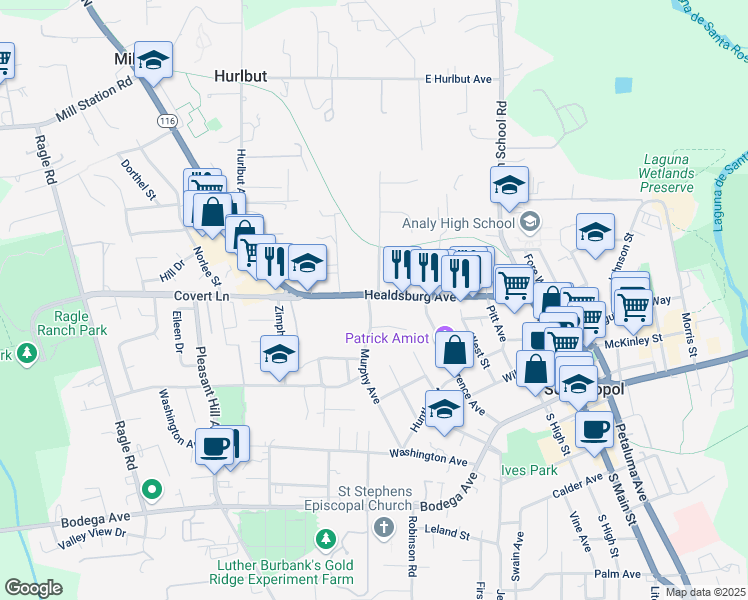 map of restaurants, bars, coffee shops, grocery stores, and more near 440 Murphy Avenue in Sebastopol