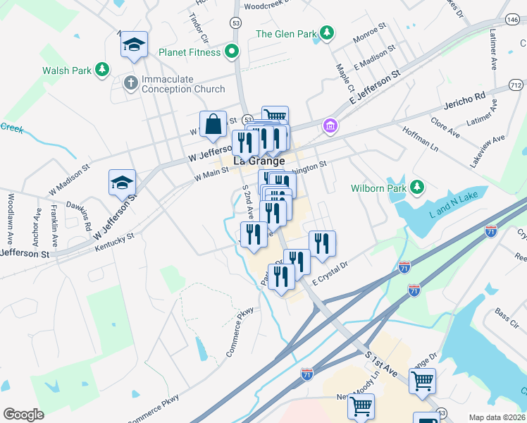 map of restaurants, bars, coffee shops, grocery stores, and more near 308 South 1st Avenue in La Grange