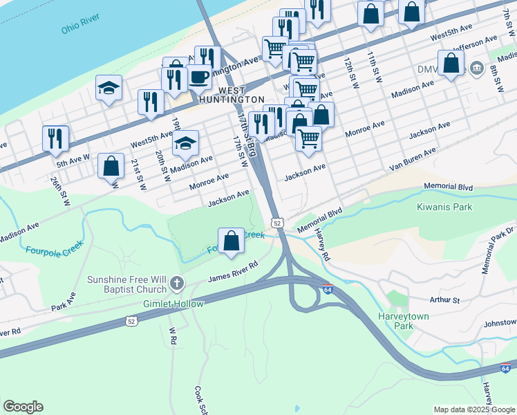map of restaurants, bars, coffee shops, grocery stores, and more near 1100 West 17th Street in Huntington