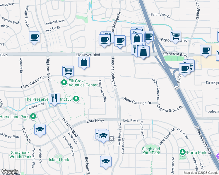 map of restaurants, bars, coffee shops, grocery stores, and more near 9721 Allen Ranch Way in Elk Grove
