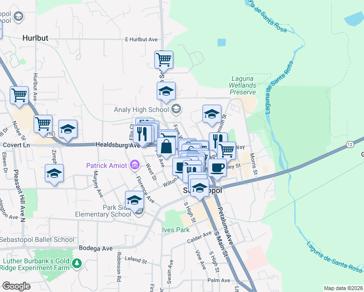 map of restaurants, bars, coffee shops, grocery stores, and more near 353 North Main Street in Sebastopol