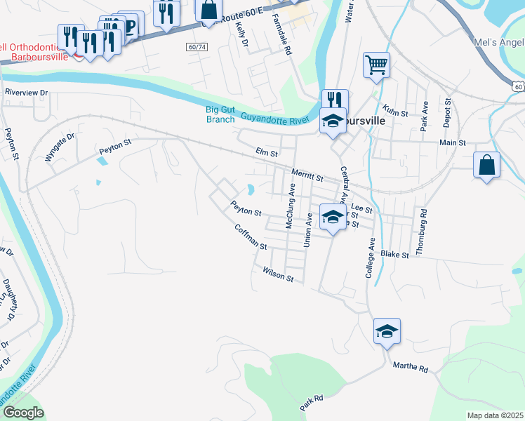 map of restaurants, bars, coffee shops, grocery stores, and more near 1350 Yoak Ave in Barboursville