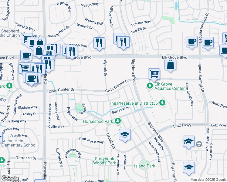 map of restaurants, bars, coffee shops, grocery stores, and more near 9596 Philta Way in Elk Grove