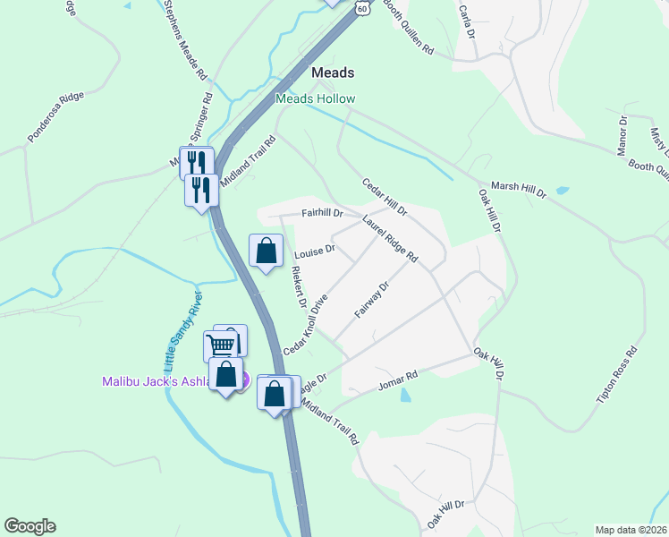map of restaurants, bars, coffee shops, grocery stores, and more near 1400-1498 Cedar Knoll Drive in Ashland