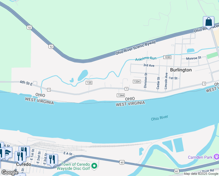 map of restaurants, bars, coffee shops, grocery stores, and more near 6458 County Road 1 in South Point