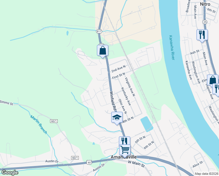 map of restaurants, bars, coffee shops, grocery stores, and more near 115 Winfield Road in Saint Albans