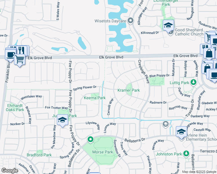 map of restaurants, bars, coffee shops, grocery stores, and more near 5817 Spring Flower Drive in Elk Grove