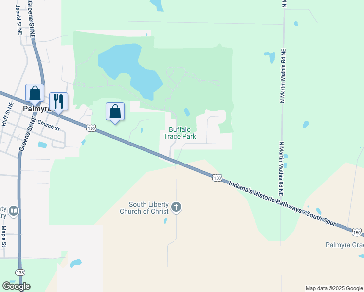 map of restaurants, bars, coffee shops, grocery stores, and more near 1619 Parkwood Court Northeast in Palmyra