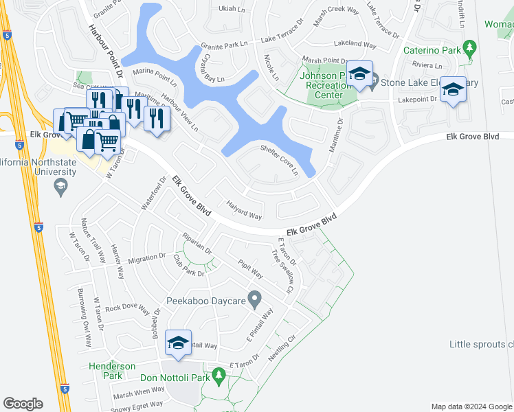 map of restaurants, bars, coffee shops, grocery stores, and more near 3140 Halyard Way in Elk Grove