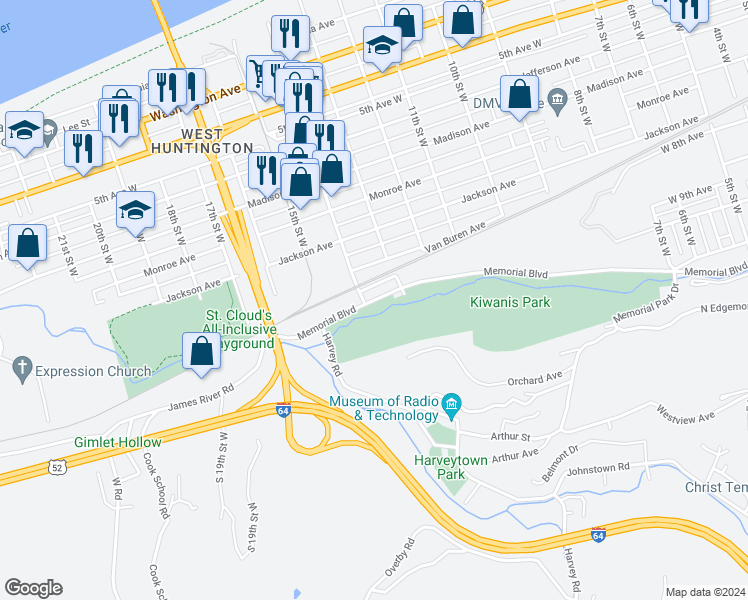 map of restaurants, bars, coffee shops, grocery stores, and more near 1401 Memorial Blvd W in Huntington