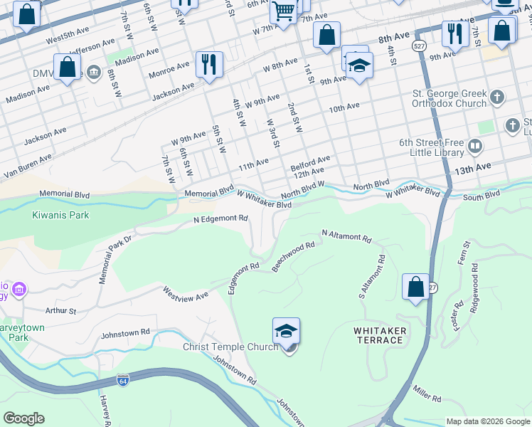 map of restaurants, bars, coffee shops, grocery stores, and more near 330 North Boulevard West in Huntington