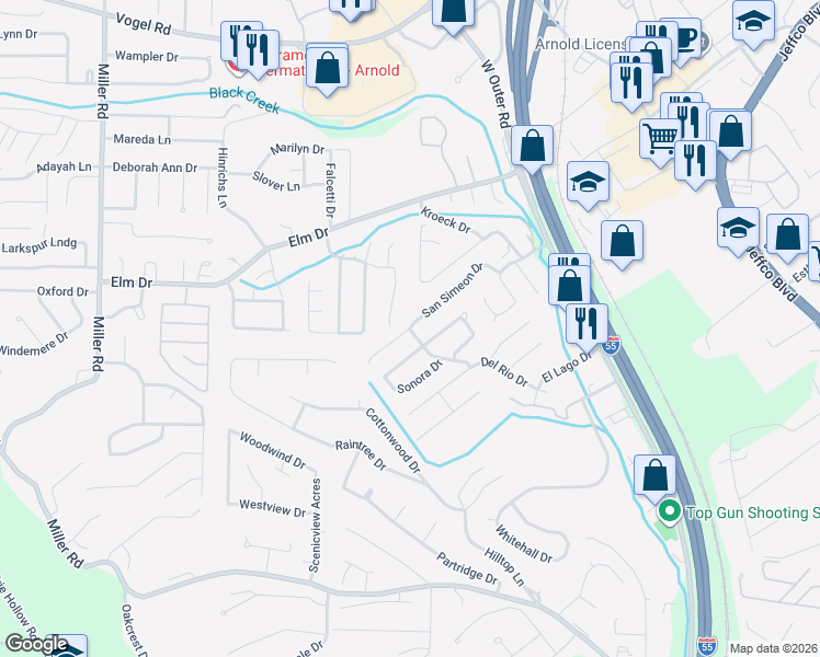 map of restaurants, bars, coffee shops, grocery stores, and more near 2163 San Simeon Drive in Arnold