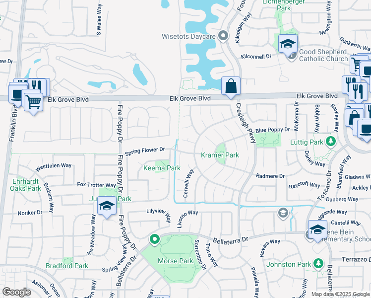 map of restaurants, bars, coffee shops, grocery stores, and more near 5817 Spring Flower Drive in Elk Grove