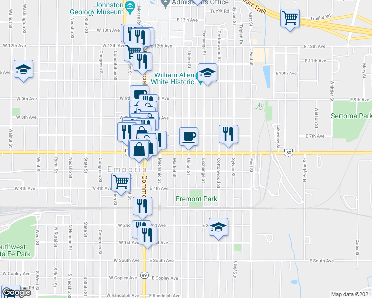 map of restaurants, bars, coffee shops, grocery stores, and more near 224 East 6th Avenue in Emporia