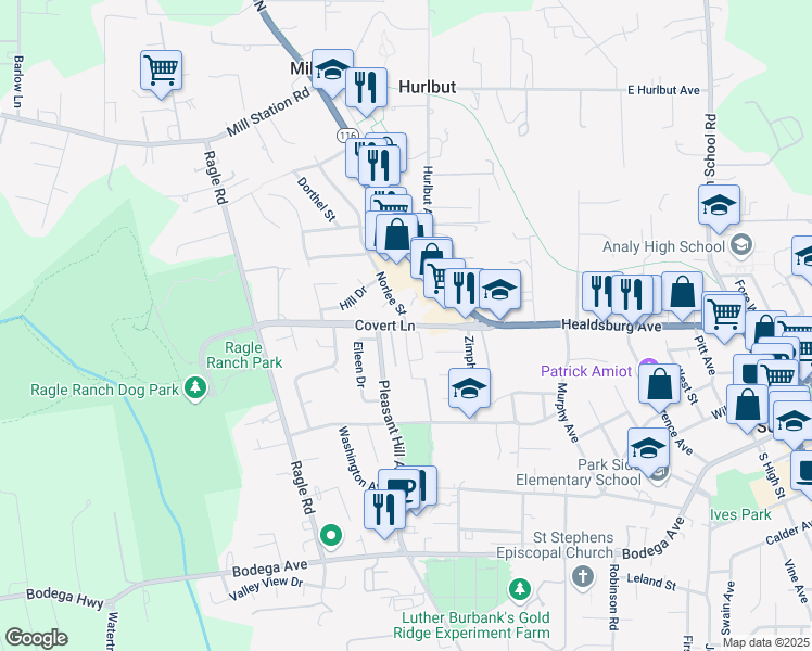 map of restaurants, bars, coffee shops, grocery stores, and more near Covert Lane & Norlee Street in Sebastopol