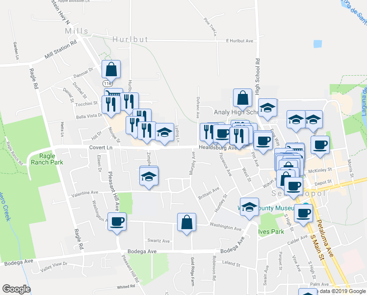 map of restaurants, bars, coffee shops, grocery stores, and more near 7741 Healdsburg Avenue in Sebastopol