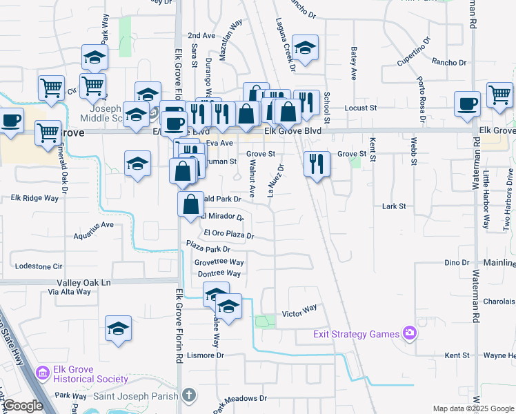map of restaurants, bars, coffee shops, grocery stores, and more near 9679 Walnut Avenue in Elk Grove