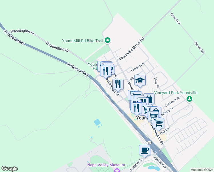 map of restaurants, bars, coffee shops, grocery stores, and more near 6774 Washington Street in Yountville