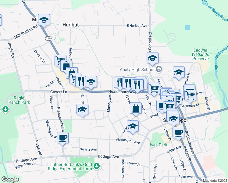 map of restaurants, bars, coffee shops, grocery stores, and more near 527 Dufranc Avenue in Sebastopol